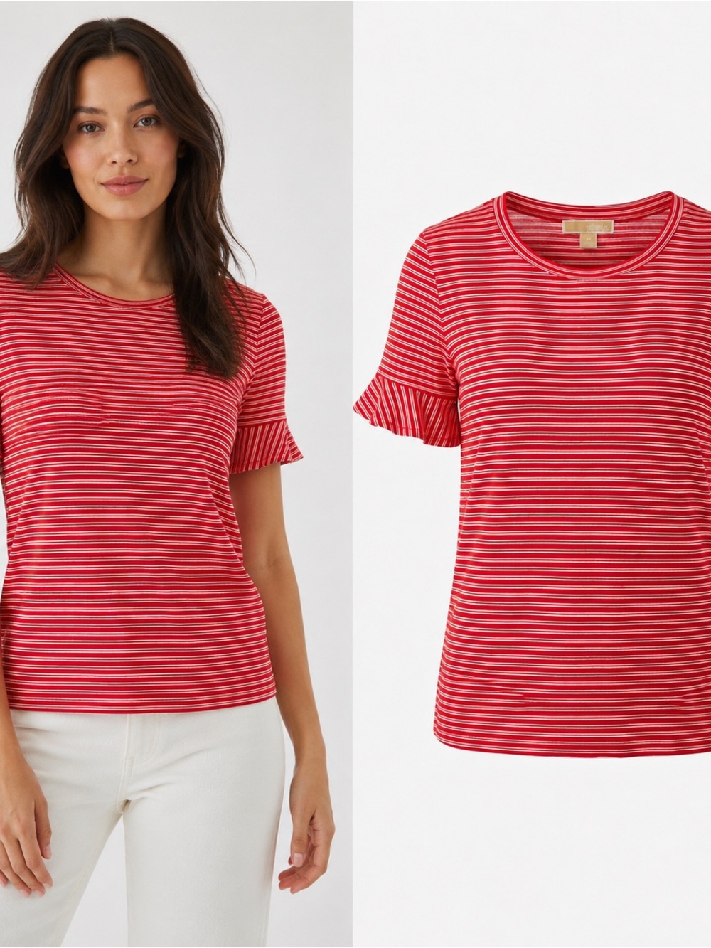 Michael Kors Red White Stripe Ruffle Sleeve Tee M Cotton Romantic Nautical
